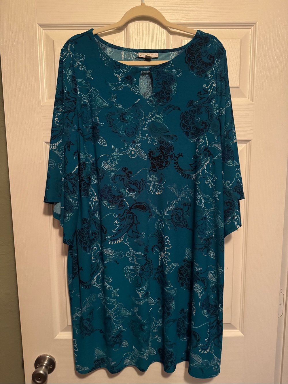 Dana Buchman Sz XL Teal Floral Pull On Midi Dress w/ keyhole front, bell sleeves